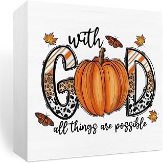 Fall Decor With God All Things Are Possible Christian Pumpkin Western Bible Verse Wooden Box Sign Positive Leopard Farmhouse Desk Decoration Rustic Thanksgiving Harvest Autumn Leaves Decor for Home Office