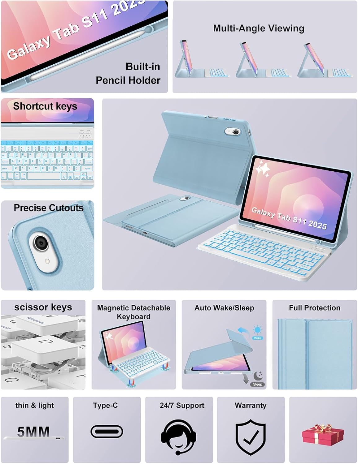 Keyboard Case for Samsung Galaxy Tab S11 11inch 2025, Detachable Backlit Keyboard for Galaxy Tablet S11 Cover with Pen Holder, 7-Color Backlight Keypad Case for Samsung Tab 11'' SM-X730/X736B, Blue