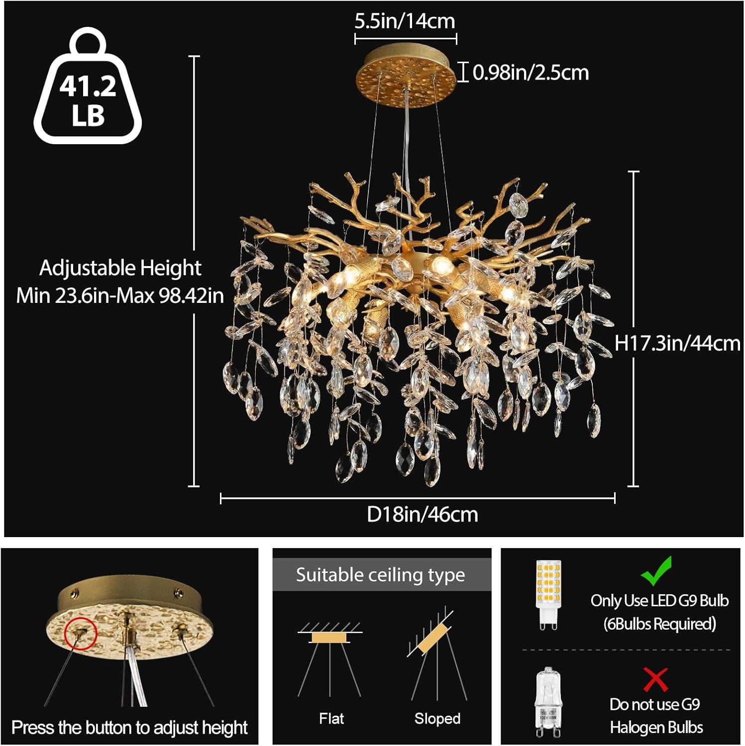 Modern Tree Branch Crystal Chandelier 18'' Luxury Gold Crystal Chandelier 6-Light Small Crystals Pendant Chandeliers for Dining Room Kitchen Bedroom Foyer Entryway
