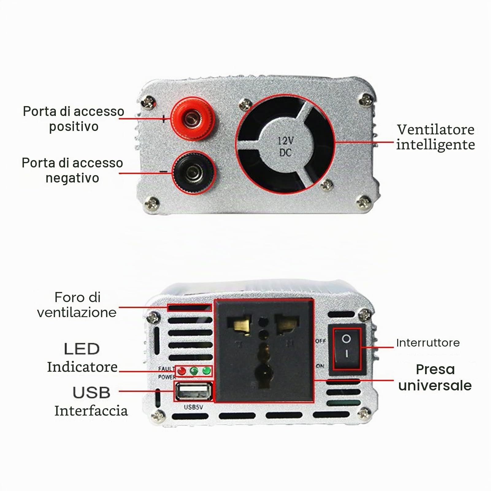 convertitore Da 1000 W A Onda Sinusoidale Pura Da Cc 12 V A CA con Uscita Usb E Presa Universale per Auto, Viaggi, In Lega Di Alluminio