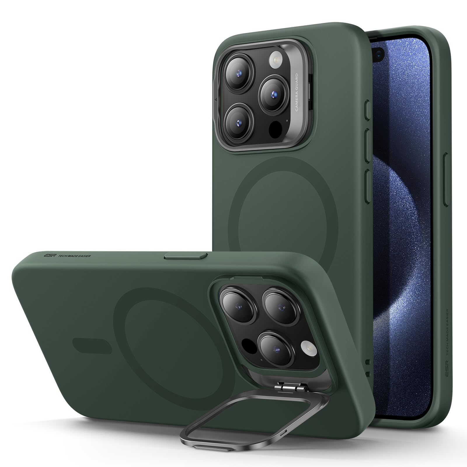 ESR for iPhone 15 Pro Max Case, MagSafe Silicone Case with Stand, Military-Grade Protection, Built-in Camera Stash Stand, Magnetic Phone Case for iPhone 15 Pro max, Cloud Series,Green