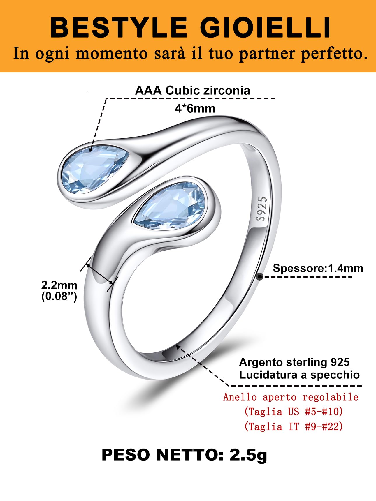 Bestyle Anello Donna Argento 925, Anelli Donna Regolabile con 12 Mesi Pietra di Nascita, Anello Argento/Oro Portafortuna a Goccia, Idee Regalo per Ragazza Fidanzata Anniversario Compleanno Natale.