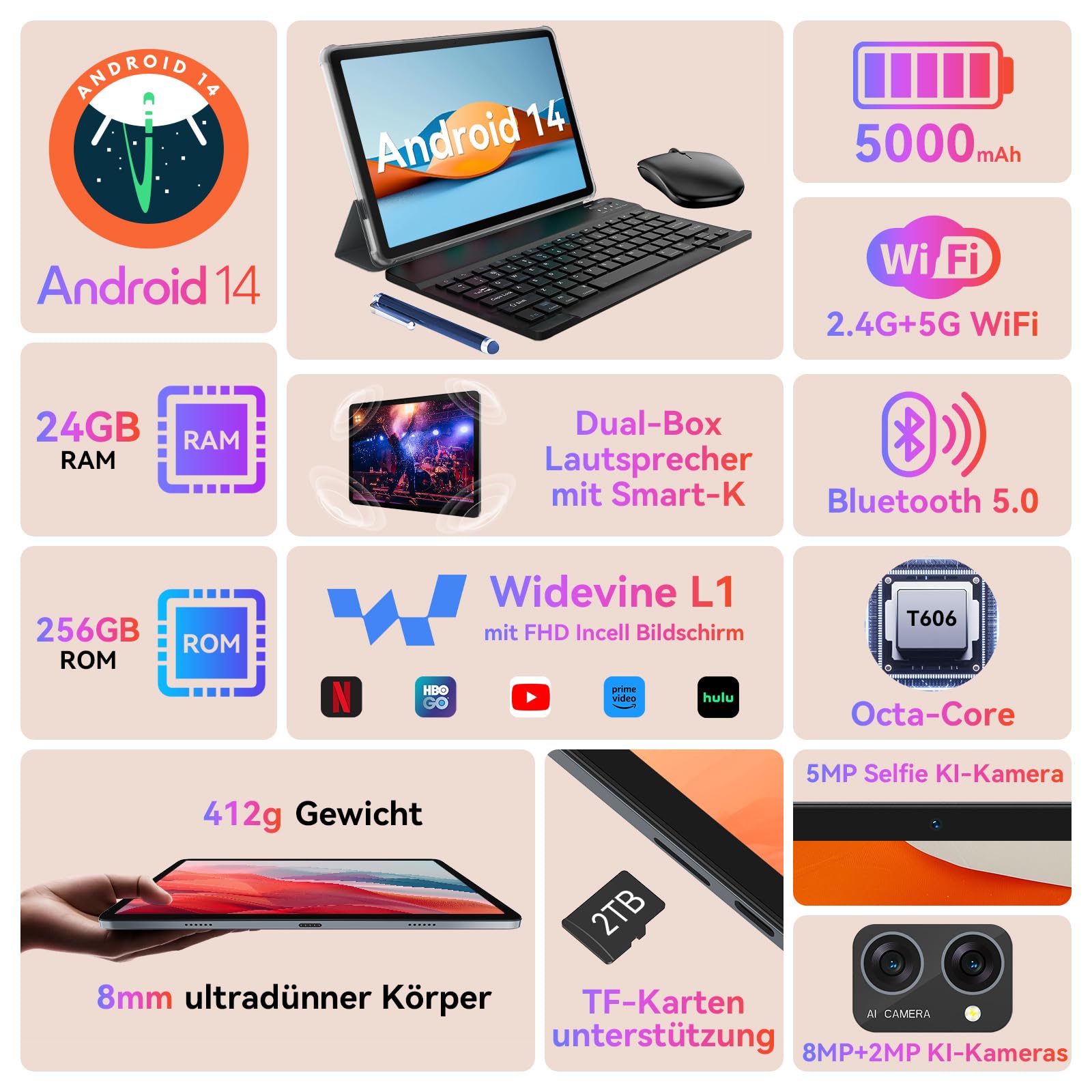 BESTTAB 14 10 Inch Android Tablet 24 (8+16) GB RAM + 256GB ROM