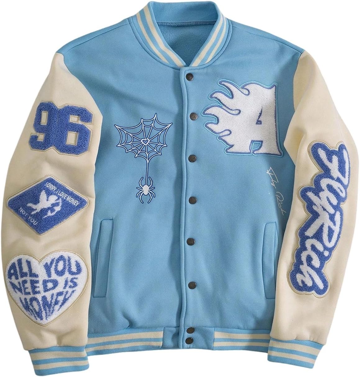 GORGLITTER Men's Button Down Varsity Baseball Jacket Trendy Graphic Letterman Jacket Y2K Bomber Coat Preppy Clothes