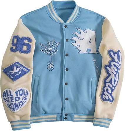 GORGLITTER Mens Button Down Varsity Baseball Jacket Trendy Graphic Letterman Jacket Y2K Bomber Coat Preppy Clothes
