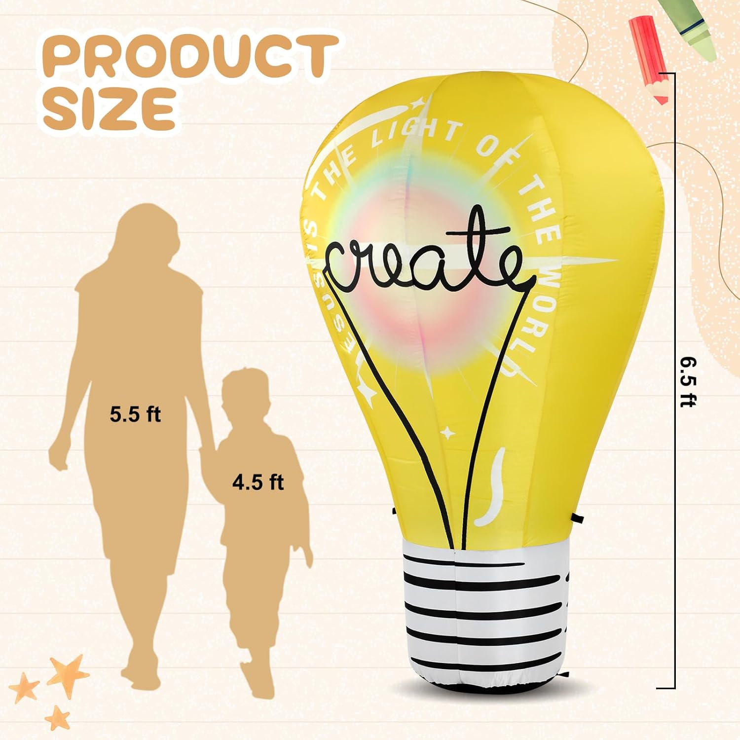 VBS 2026 Inflatable Light Bulb Illumination Decor 6.5 ft Tall Double Sided Air Bulb with Create Sign for VBS Large Sized Bible Decor Vacation Bible School Illumination Party Decoration