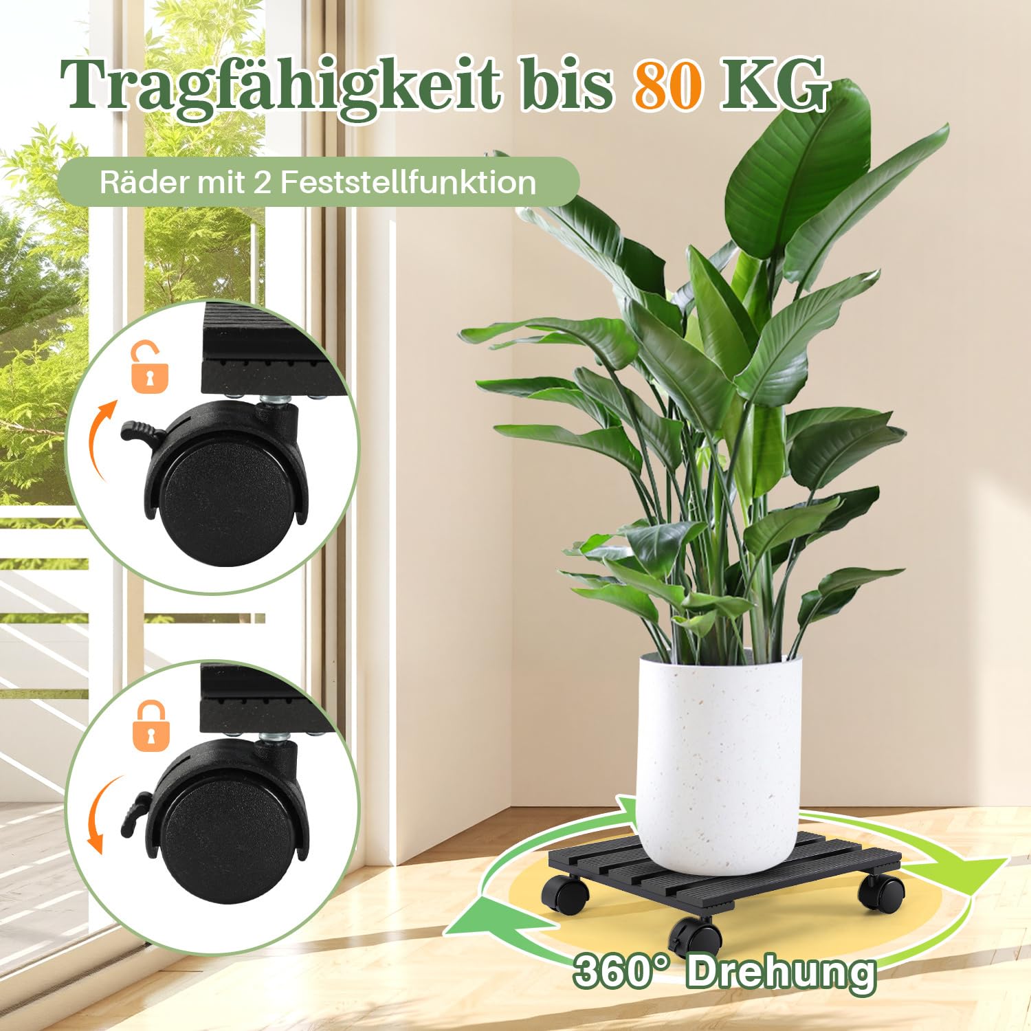 Ikodm 2 ruedas para plantas WPC rectangulares, 30 x 30 cm, con ruedas, capacidad de carga de 80 kg, para interiores y exteriores, tabla de ruedas para plantas, maceta (antracita)