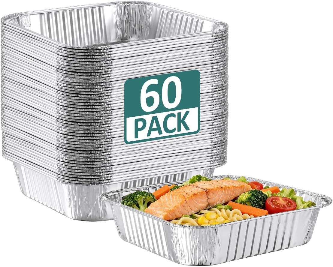 NEEBAKE 60 Pack 8x8 Disposable Aluminum Baking Pans - Square Foil Pans, Aluminum Tin Foil Baking Pan, Food Containers for Baking, Cooking, Heating Cakes, Bread
