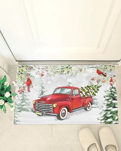 Miniatura 4 de Alfombra de baño esponjosa para camión rojo, cardenal de Navidad, antideslizante, alfombra suave para piso, árbol de Navidad, conos de pino, nieve,
