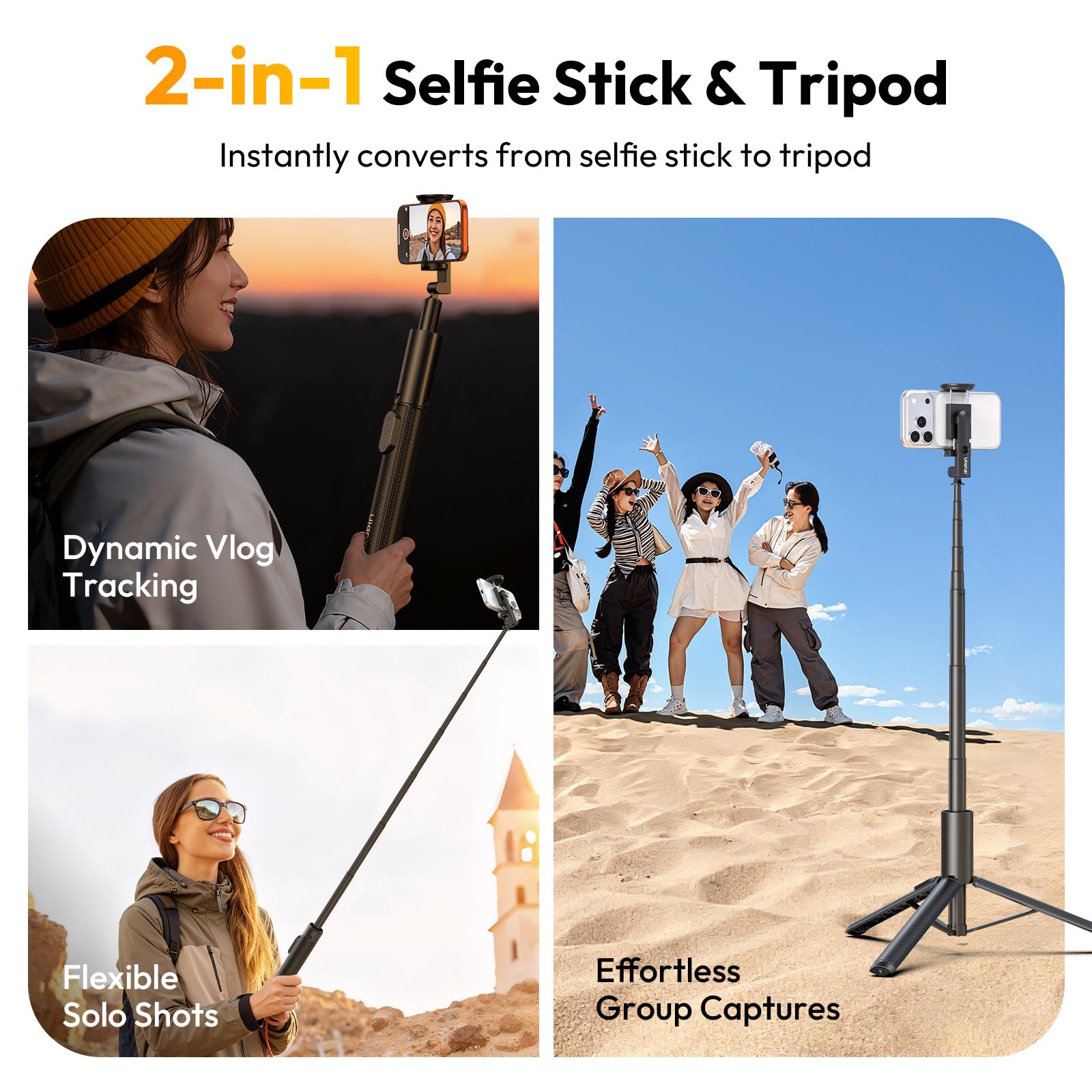 ULANZI SK27 Trepiede per cellulari 154 cm con Clip Smartphone 56-92 mm, Telecomando 10 m, Testa a sfera360°, 8 Sezioni Alluminio, Asta per selfie per iPhone/Samsung/Huawei, Vlog, Live Streaming