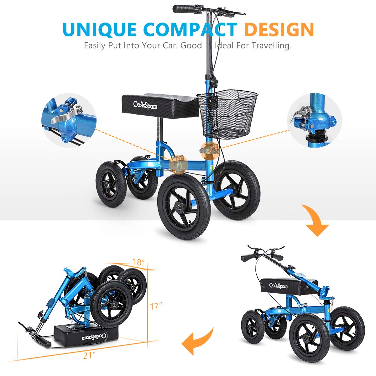 OasisSpace All Terrain Knee Walker Steerable Scooter for Broken Leg