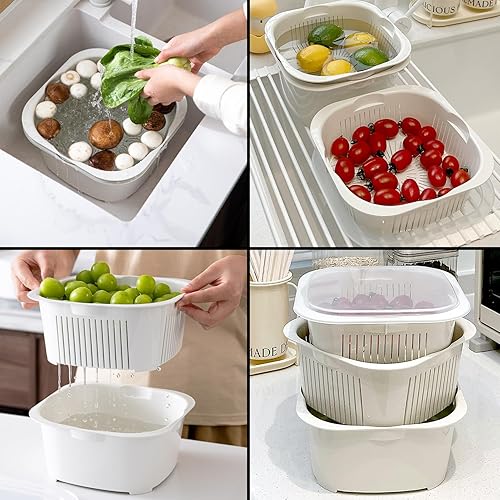 Miniatura 3 de SHIMOYAMA Colador de cocina de plástico de 3 niveles con tapa, cesta de drenaje multifunción 3 en 1 para lavado de verduras, frutas, microondas y