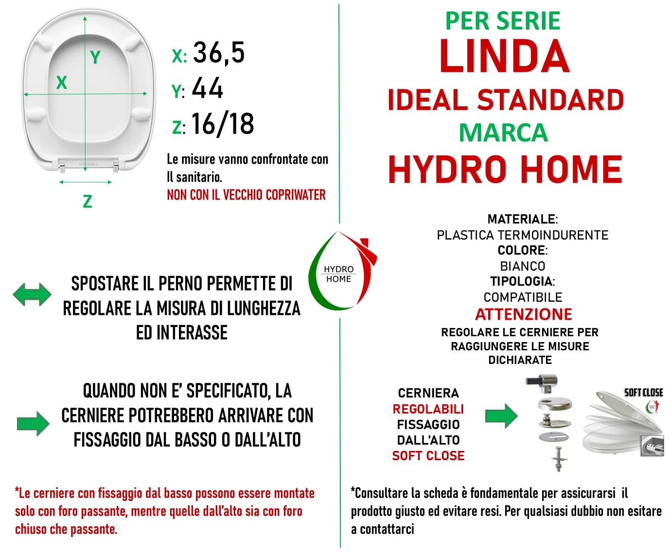 Copriwater Sedile Wc compatibile con LINDA IDEAL STANDARD, In Plastica Termoindurente Avvolgente,Colore Bianco MADE IN ITALY CHIUSURA AMMORTIZZATA