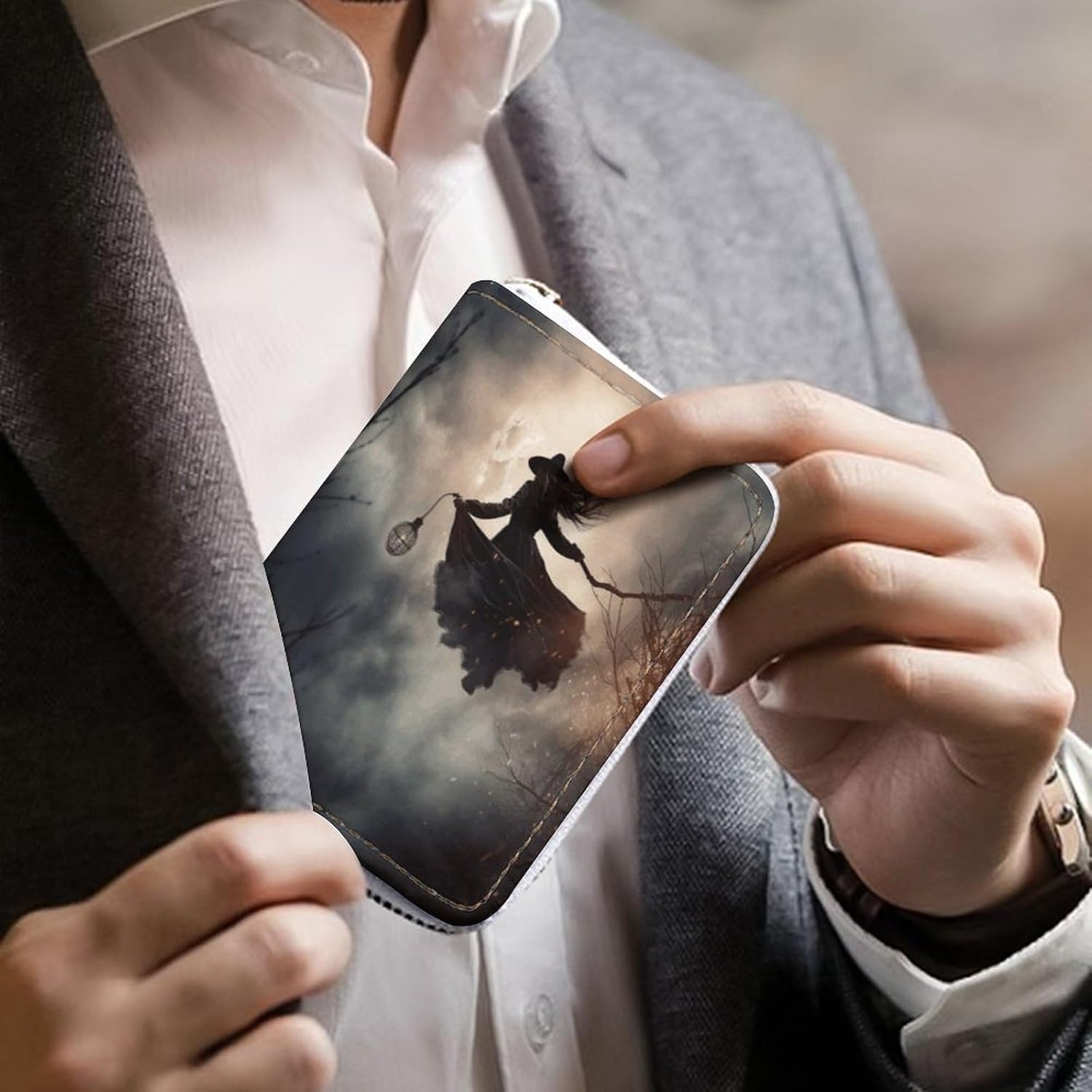 Leather Card Organizer Case Card Wallet Credit Card Holder Witch Flight Printed Zipper Card Cases Holder for Women Men