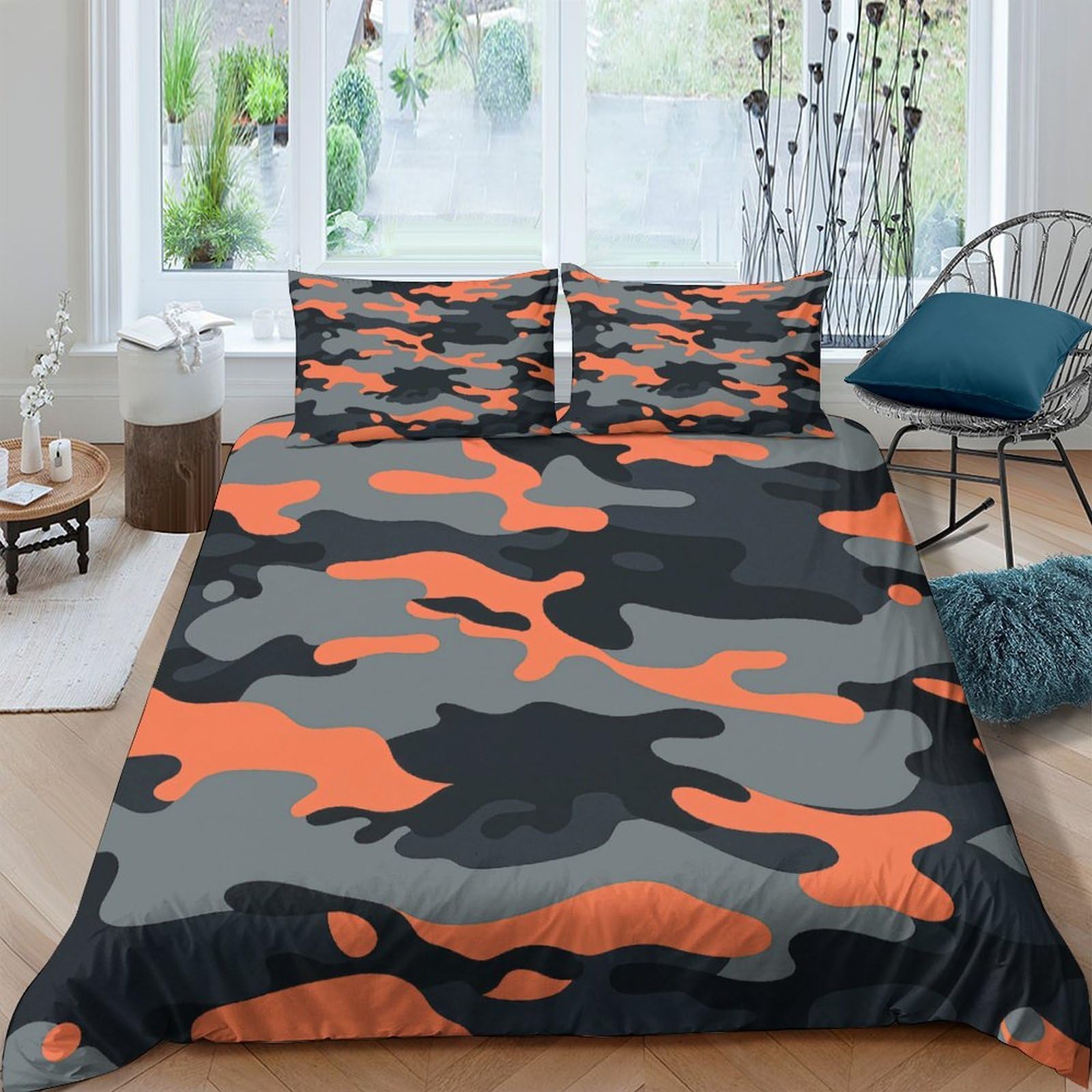 Ctjqhvkz Style-7 3D Printed Orange Black Camouflage Fitted Sheet Microfiber Soft Breathable Grey Camo Bed Cover For Bedroom Dorm Decor Single（135X200cm）