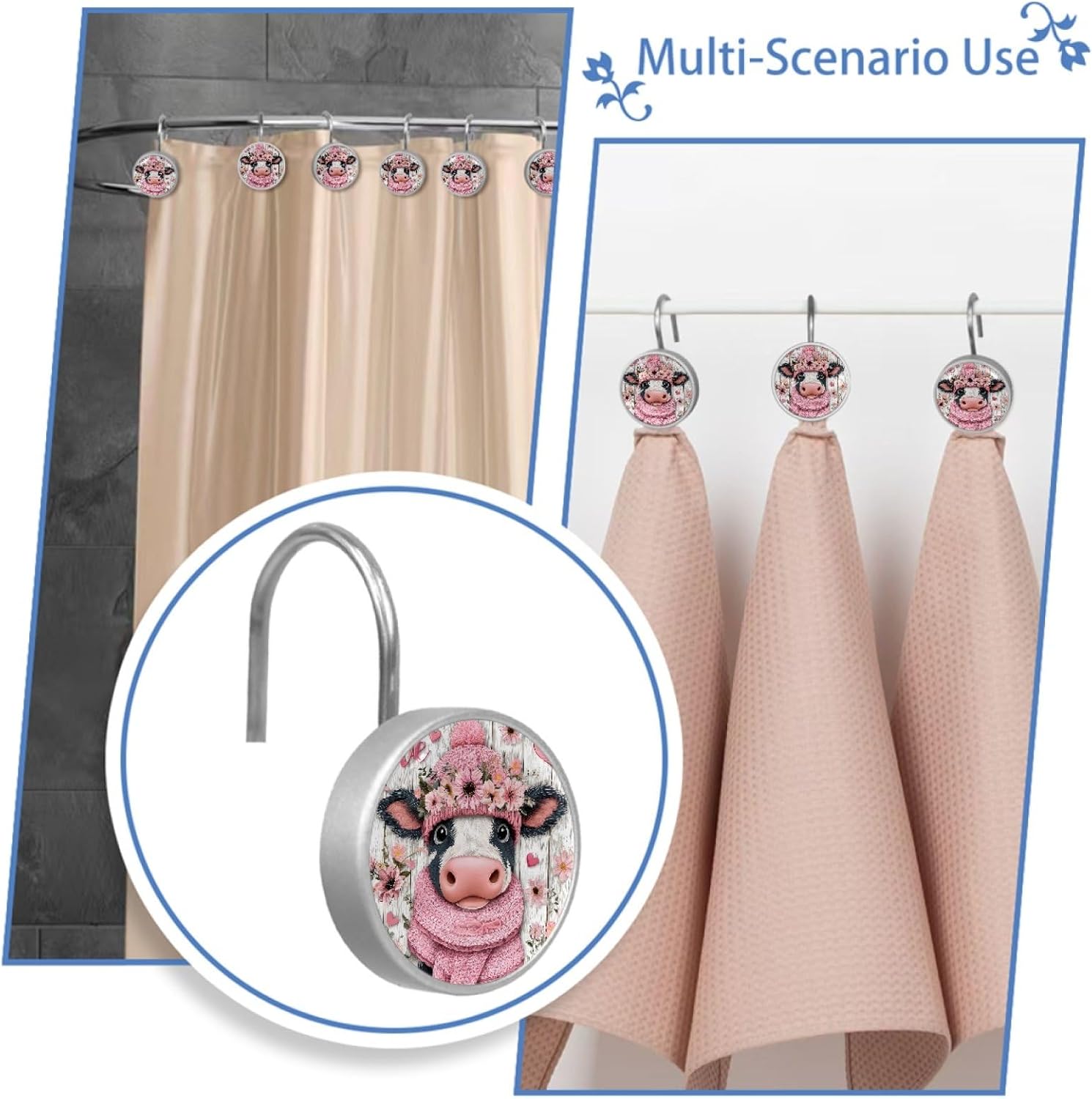 12 Pack Valentine's Day Cow Shower Curtain Hooks Rings, Decorative Shower Hooks for Shower Curtain Rod, Stainless Steel Decorative Shower Hangers Rings for Bathroom