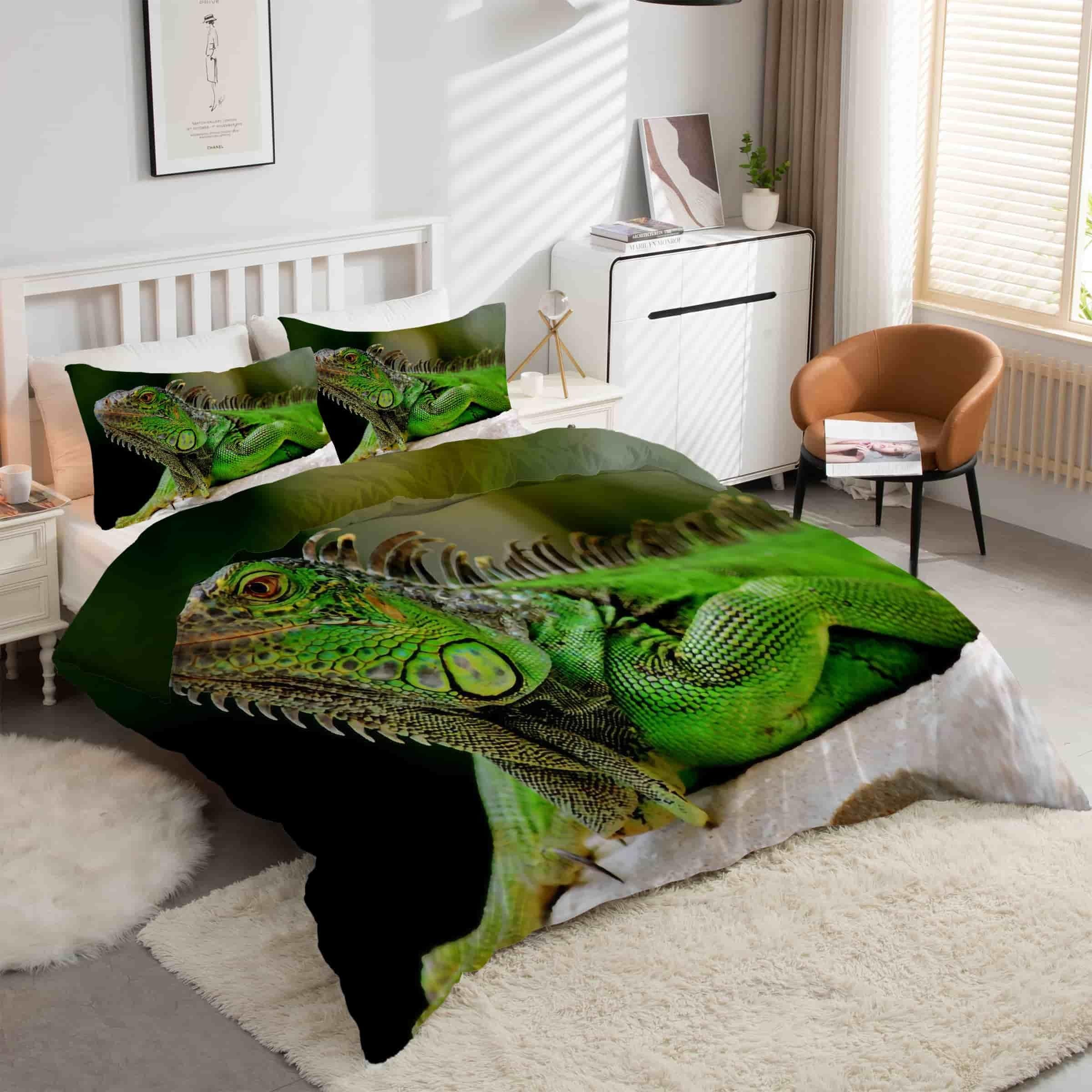 Housse de couette microfibre 240x260 anti-pli fermeture éclair iguane vert