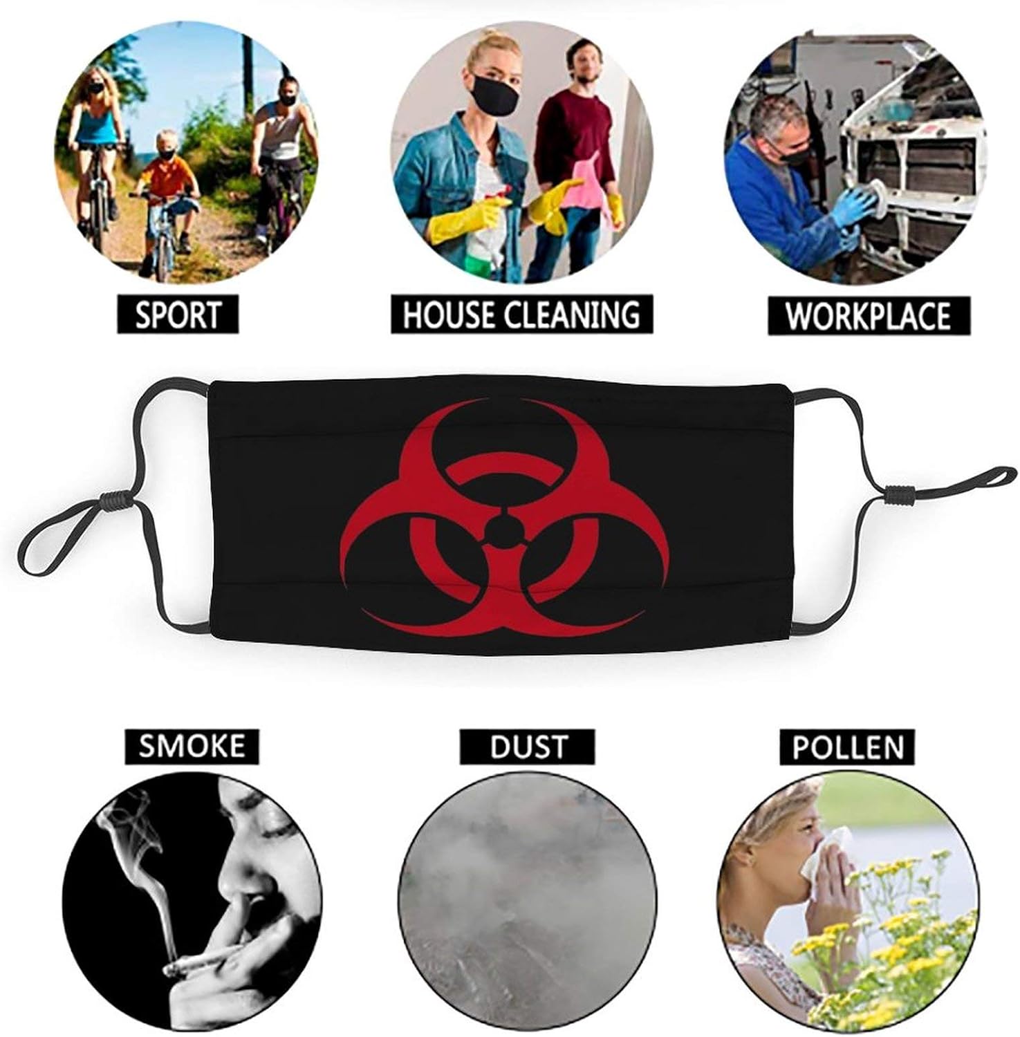 Miniatura 5 de Red Symbol Biohazard Radioactive Juego de 2 máscaras faciales más 4 filtros de aire reemplazables, lavables reutilizables, ajustables, color negro,