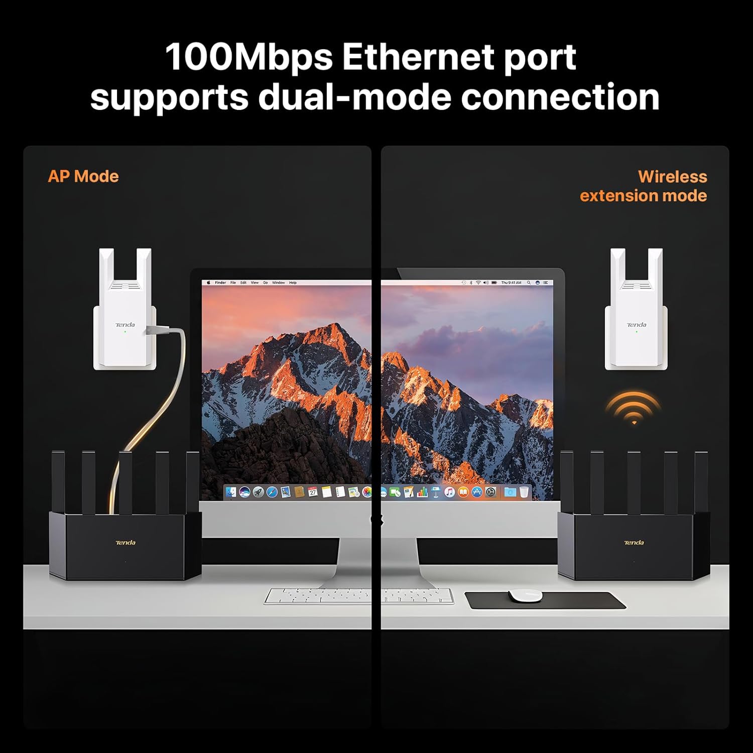 Diagram showing AP Mode and Wireless Extension Mode with Ethernet port