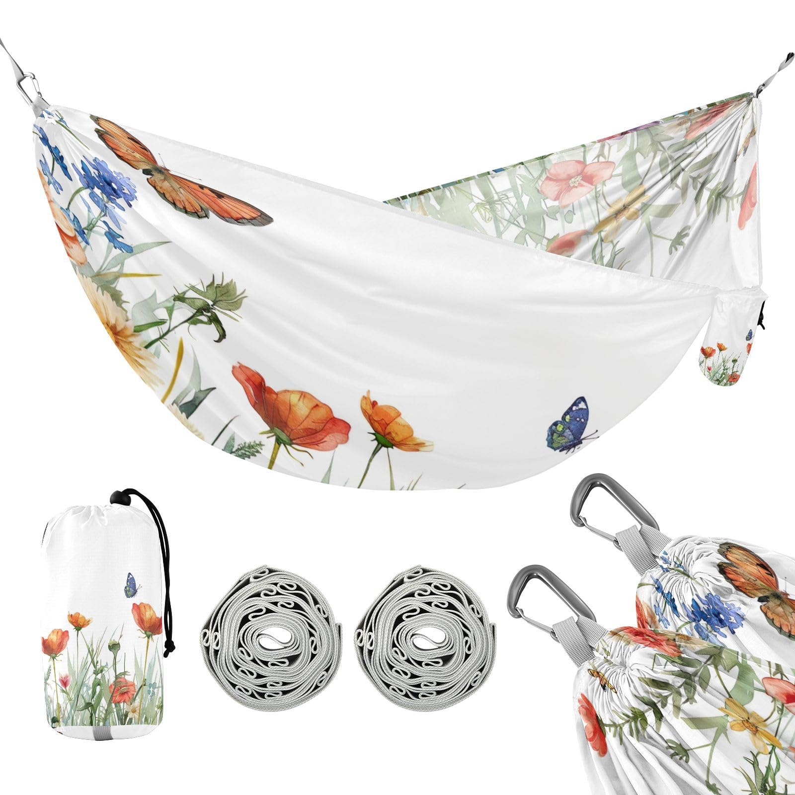 Kigai Butterfly Flower Camping Hammock Durable & Portable Travel Hammock Holds 330lbs with Tree Strapsm, Pocket, Camping Accessories