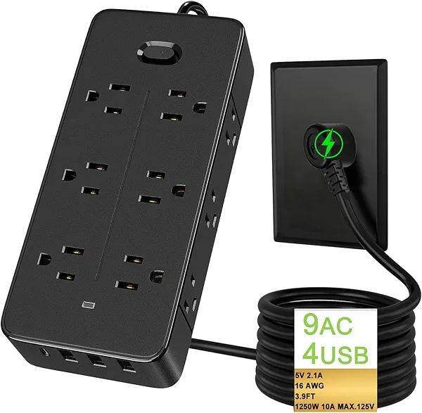 Power Strips with Surge Protection, Extension Cord with Multiple Outlets (9 AC +4 USB), 1250W/10A, Black Power Strip USB for Home Dorm Travel Office