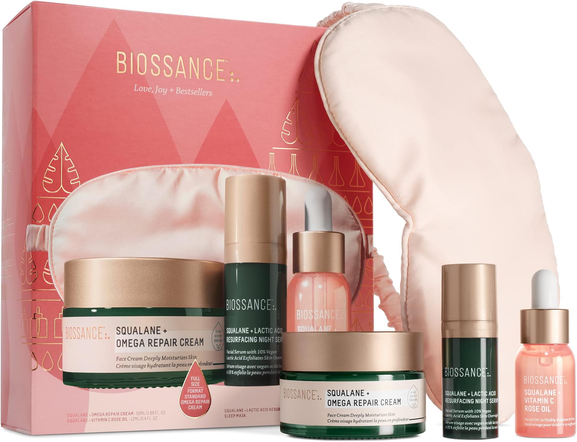 Biossance Love, Joy + Bestsellers Set. Full Size Omega Repair Cream (1.69 oz) + Travel Size Vitamin C Rose Oil (.4 oz) + Travel Size Lactic Acid Resurfacing Serum (.34 oz) + Sleep Mask