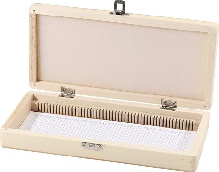CHGCRAFT 50 Place Microscope Slide Wooden Box Microscope Slide Storage Box with Iron Lock for Experiments Analyses Science, 9.06 4.17 1.38 inch