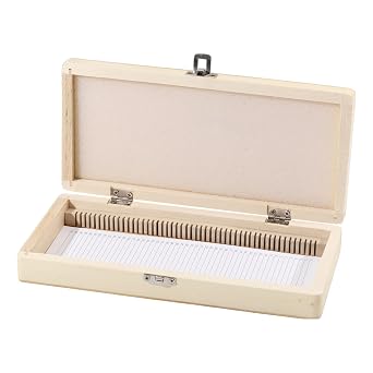 CHGCRAFT 50 Place Microscope Slide Wooden Box Microscope Slide Storage Box with Iron Lock for Experiments Analyses Science, 9.064.171.38 inch