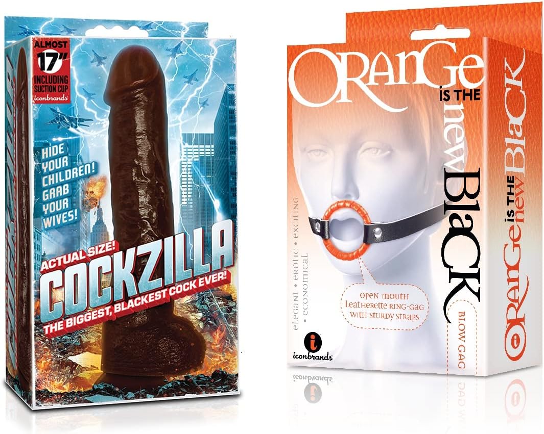 Sexy Gift Set of Cockzilla Nearly 17 Inch Realistic Black Colossal Cock and Icon Brands Orange is The New Black, Blow Gag, Open Mouth Leather Gag