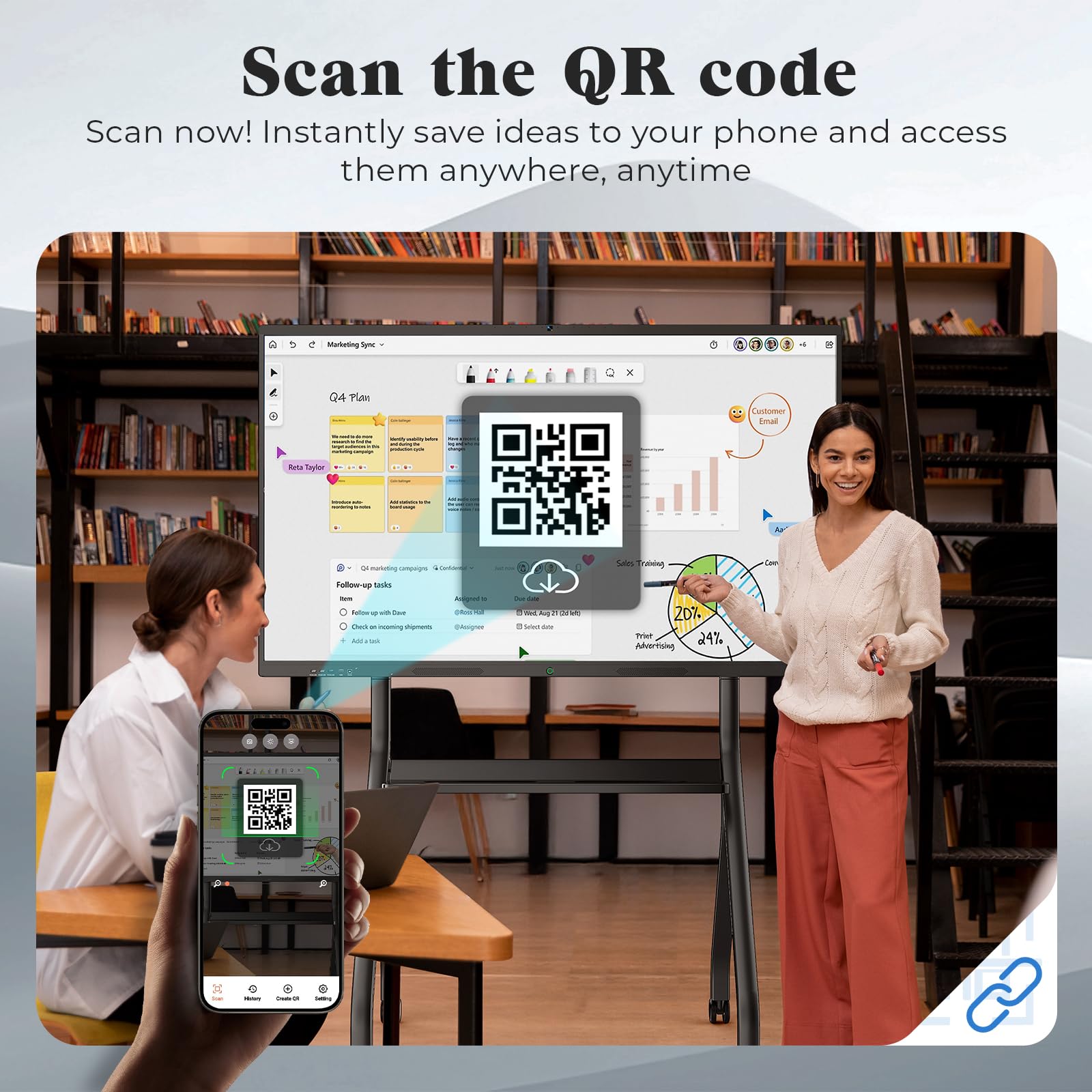 55'' Écran Interactif Tactile 4K UHD, Tableau Blanc Interactif Intelligent, Smart Board Android 14 (8+128 Go), Tableau Numérique sans Fil pour Salle de Classe, Bureau à Domicile et Studio