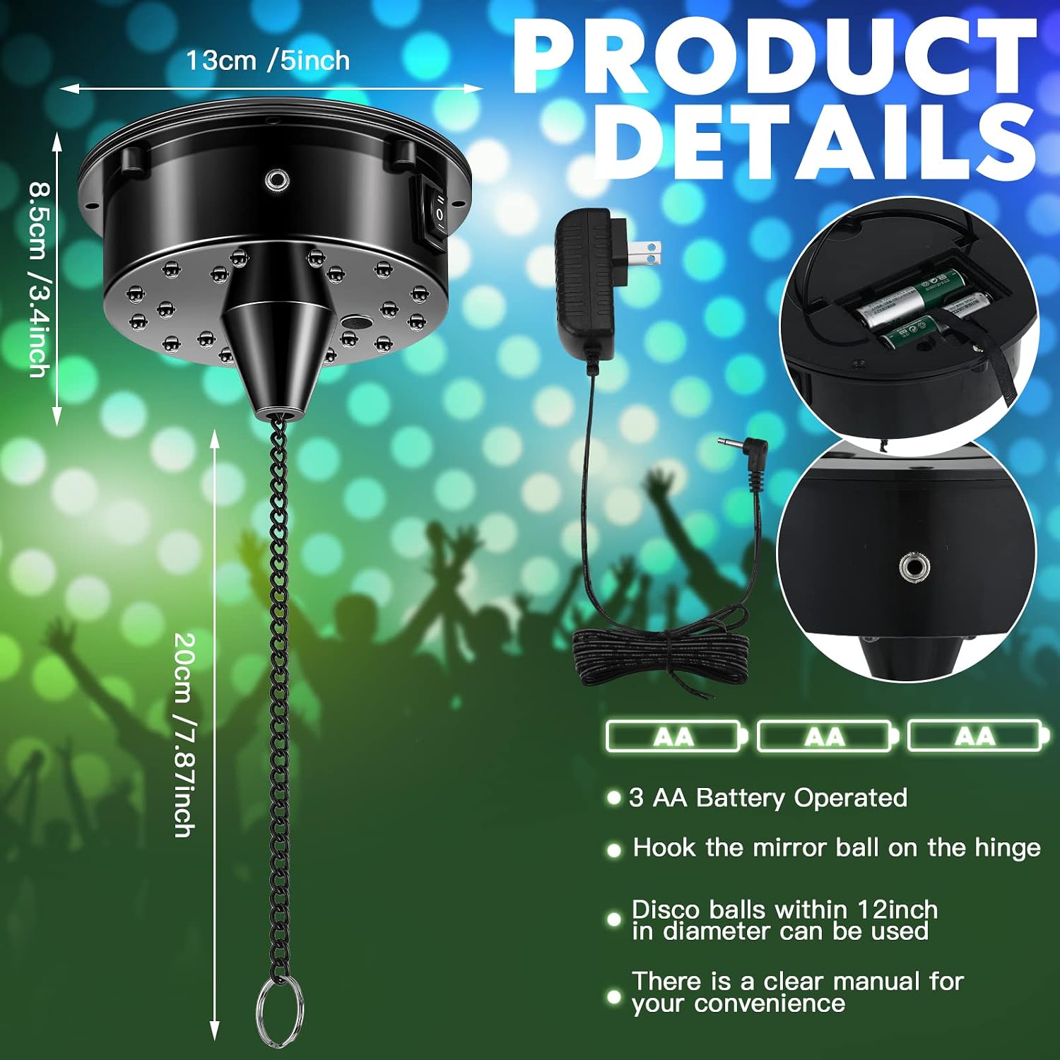 Tuanse 6rpm Rotating Disco Ball Mount Electric Motor with Lights 4 Colors for 6 8 12 Inch Disco Ball (Not Included) 2 Mode for Valentine Party Djs Bands Pubs Weddings Night Clubs(Plug Style)