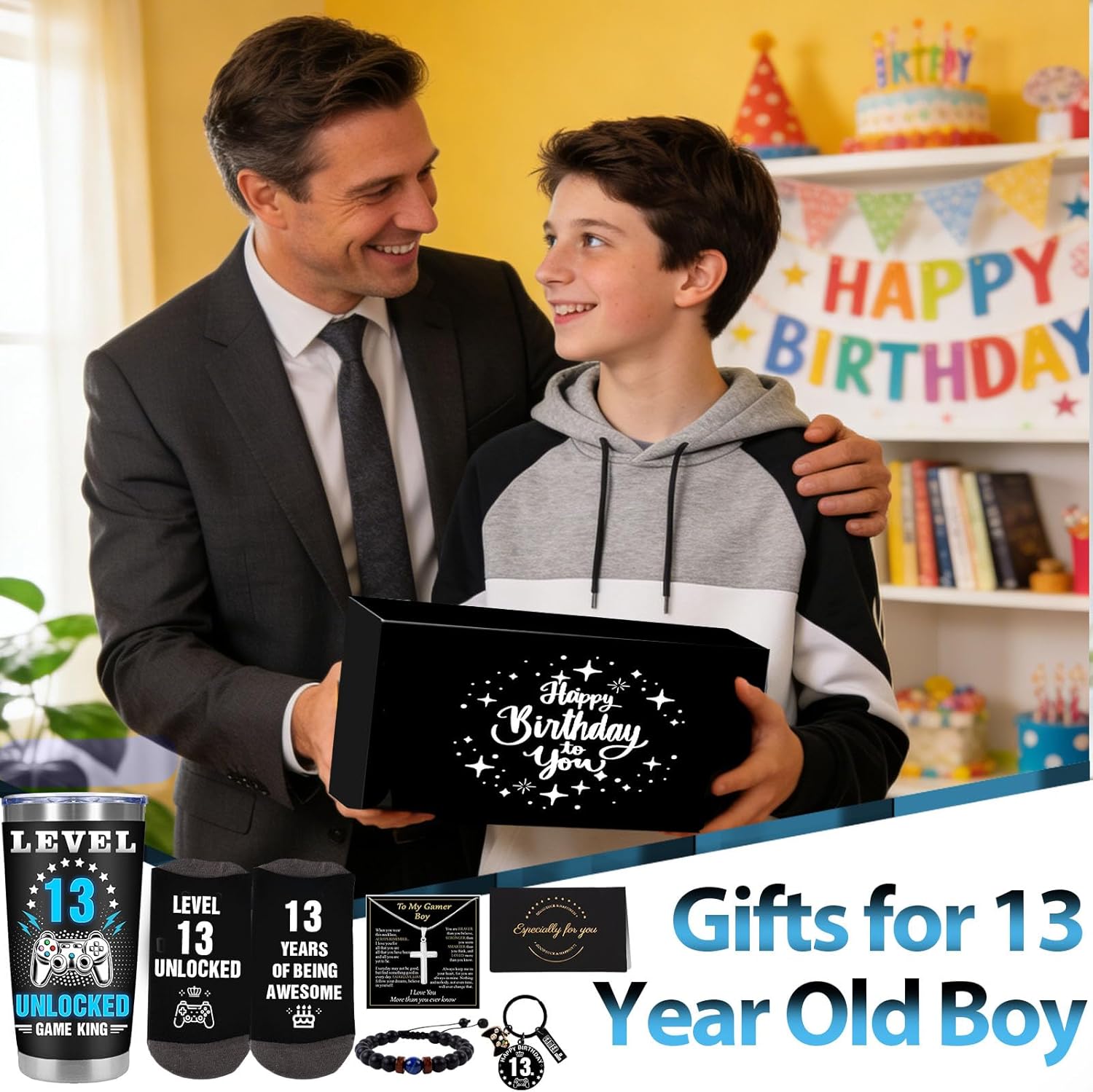 Gifts for 13 Year Old Boys, 13 Year Old Boy Birthday Gift Ideas, Cool Game Theme 13th Yr Old Boy Gifts Son Nephew Grandson Brother, Happy 13th Birthday Decorations with 20 Oz Tumbler Keychain Card