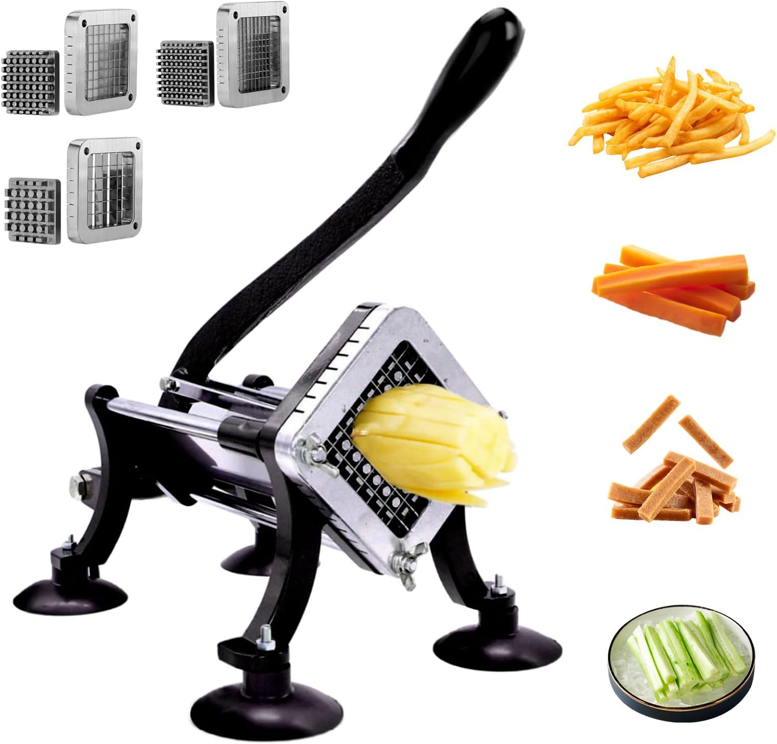 French Fry Cutter Commercial French Fry Cutter With 1/4", 3/8", 1/2" Stainless Steel Blades Professional Potato Cutter With Suction Feet For Potatoes Carrots Cucumbers