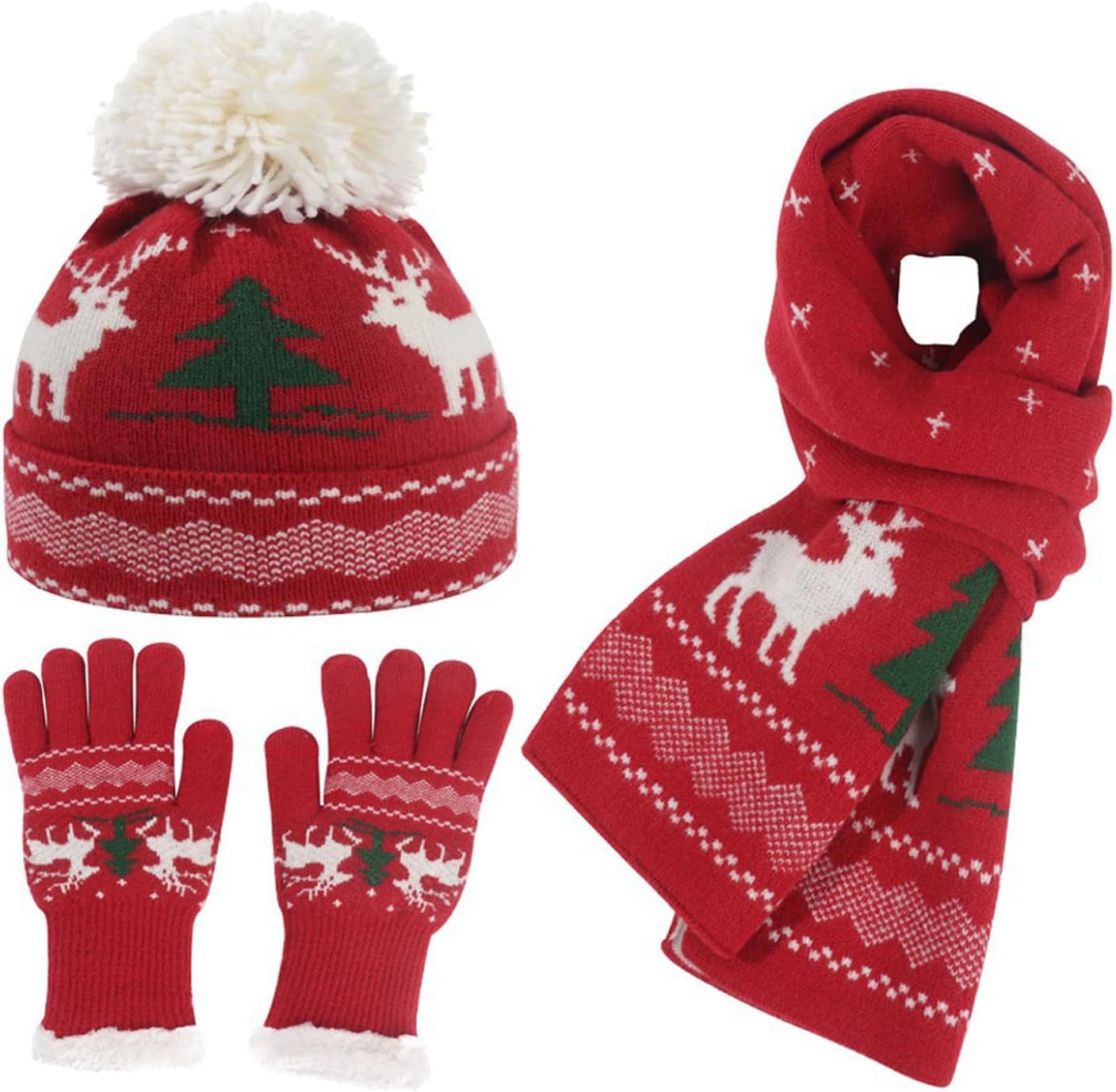 Winter Hat Scarf Gloves Set, 3 PCS Pom Pom Beanie Hat Gloves Long Neck Kint Scarf Christmas Gifts