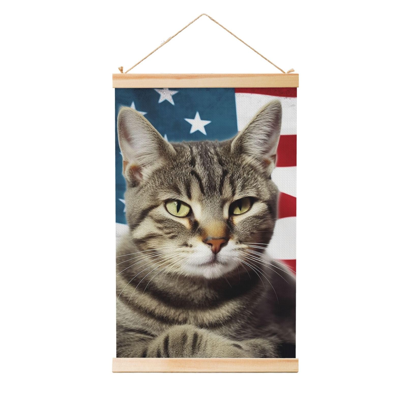 American Cat Usa Flag Poster Wooden Shaft Hanging Poster Wall Hanging Banner Canvas Artwork with Wood Frames 12"x18" Modern Artwork Decor Ready to Hang Wall Art for Home Decor Scroll Painting