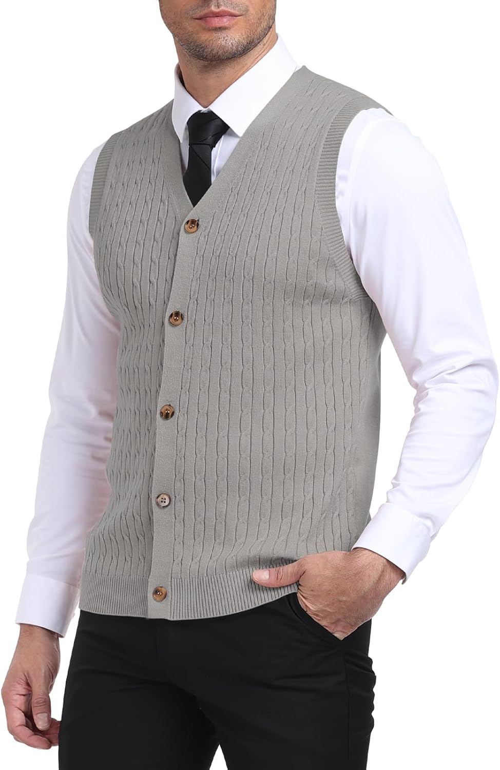YTD Men's Sleeveless Sweater Vest V-Neck Casual Cable Knit Button Down Cardigan Vest - Image 2