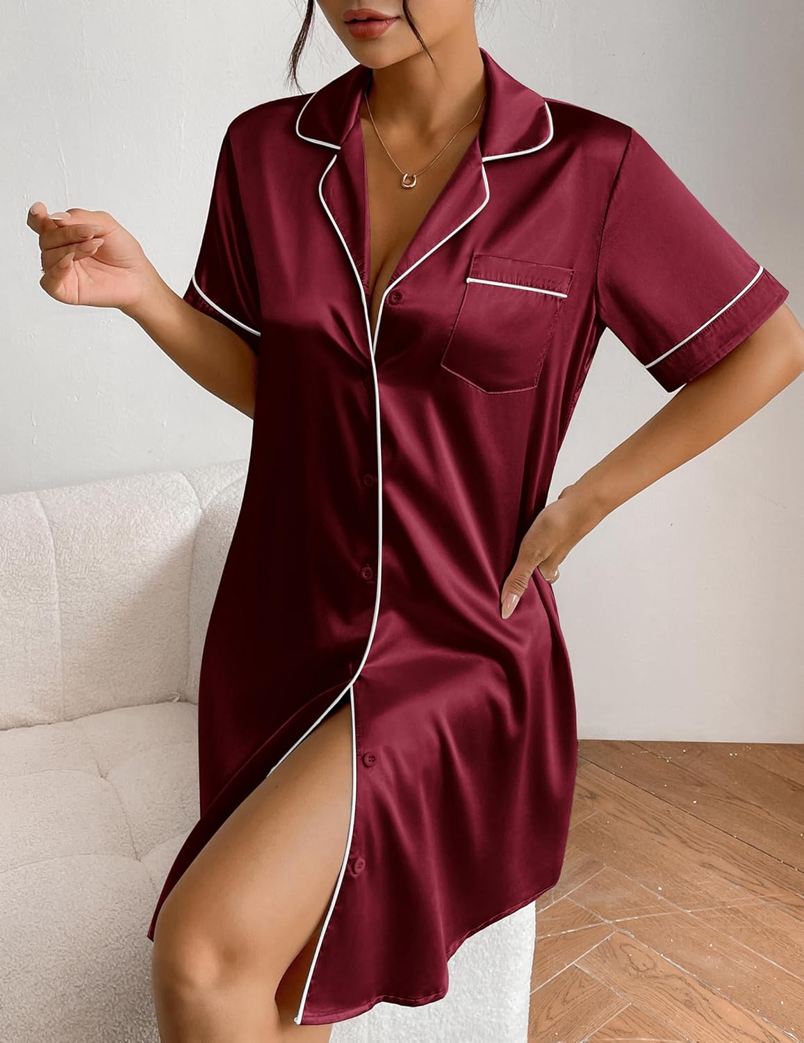 Ekouaer Women's Satin Nightshirt Button Down Sleepshirt Silk Short Sleeve Nightgown Boyfriend Notch Collar Sleepwear - Image 3