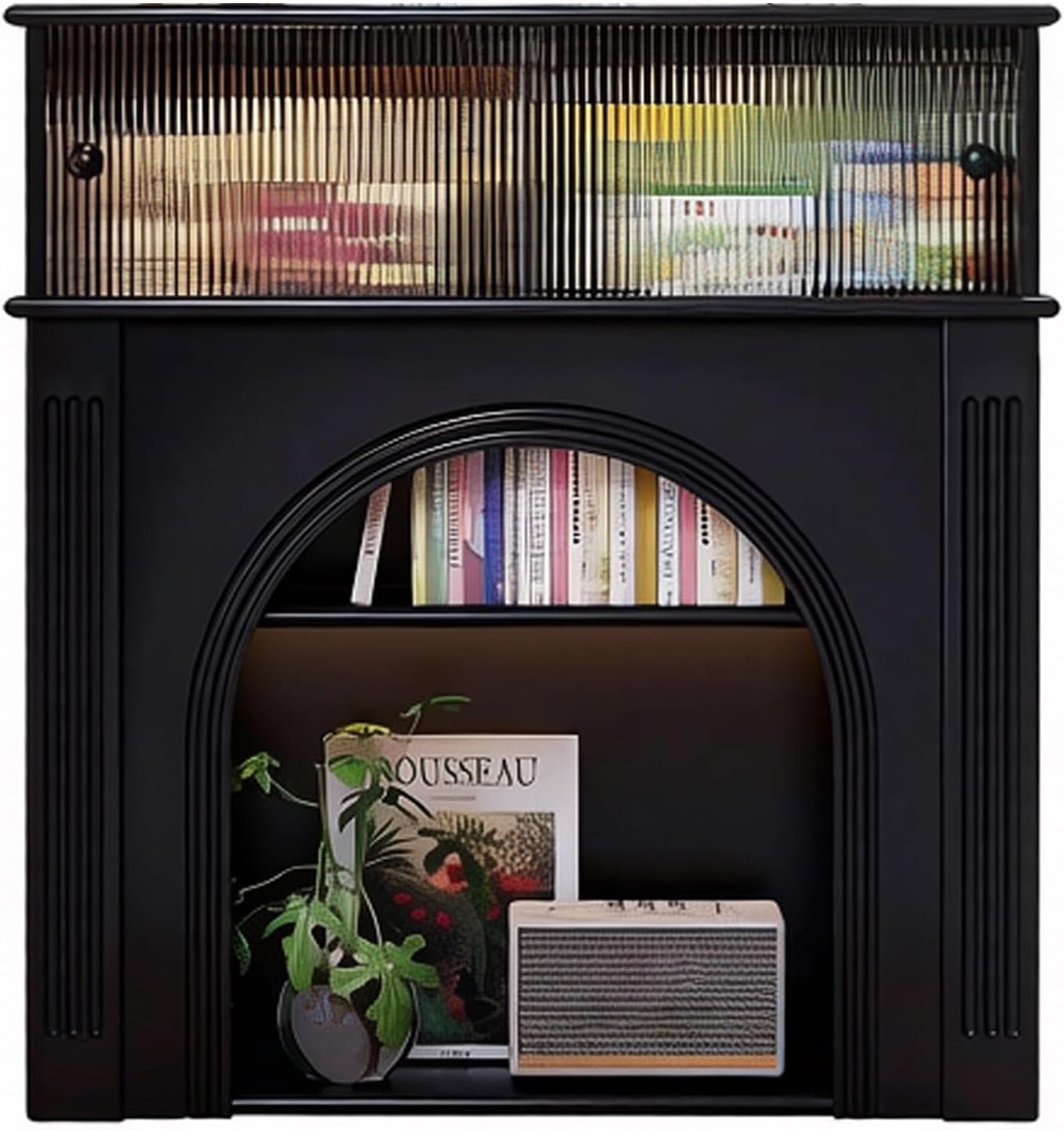 Pearl Mantels Arched Fireplace Cabinet with Ribbed Glass Doors Vintage Decorative Storage Fireplace Mantel Surround(Natural)