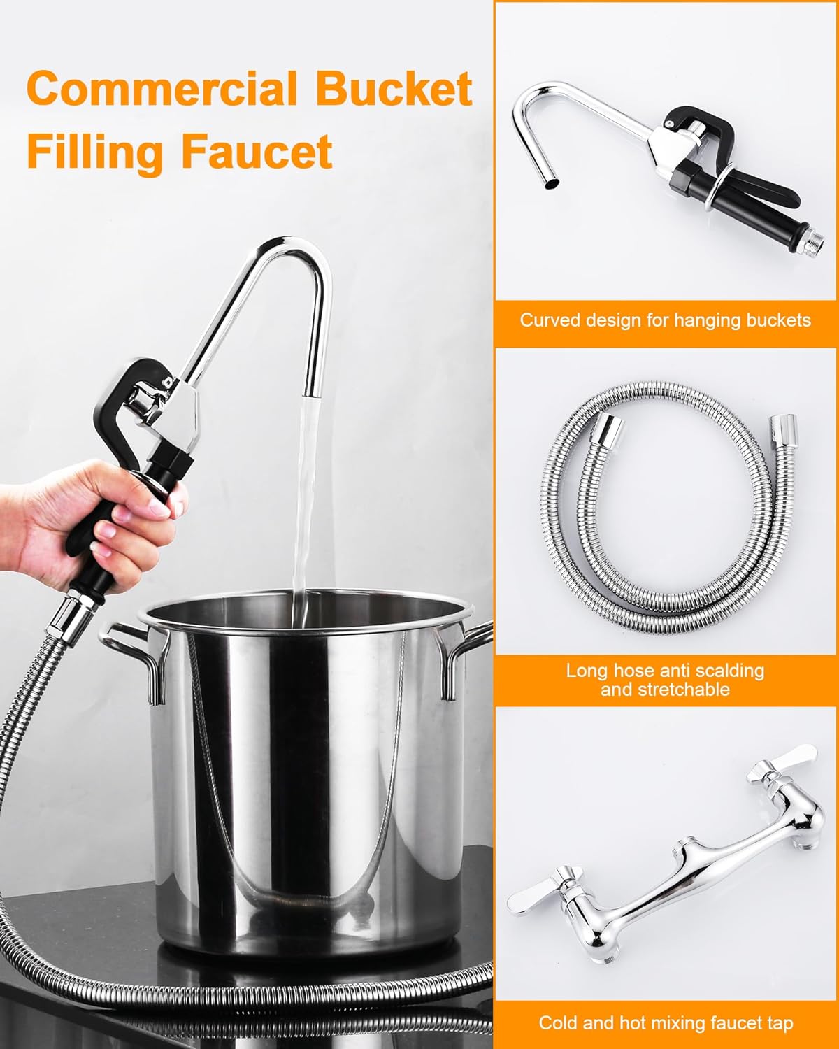 Bridge Kitchen Faucet with Pull Down Sprayer, Gold Kitchen Sink Faucet 3 Holes 2 Handles with Supply Lines & iVIGA Commercial Pot Filler Faucet - Wall Mount Pot Kettle Filling Faucet