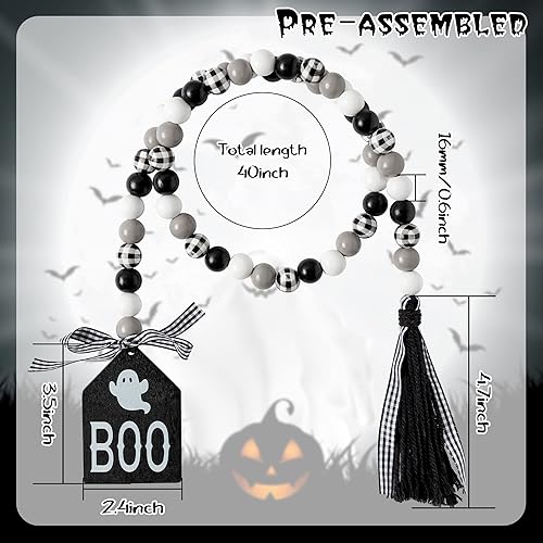 Miniatura 2 de Guirnalda de cuentas de madera de Halloween, guirnalda de cuentas de madera de 40 pulgadas con cuerda de yute, borla a cuadros, etiqueta clásica de