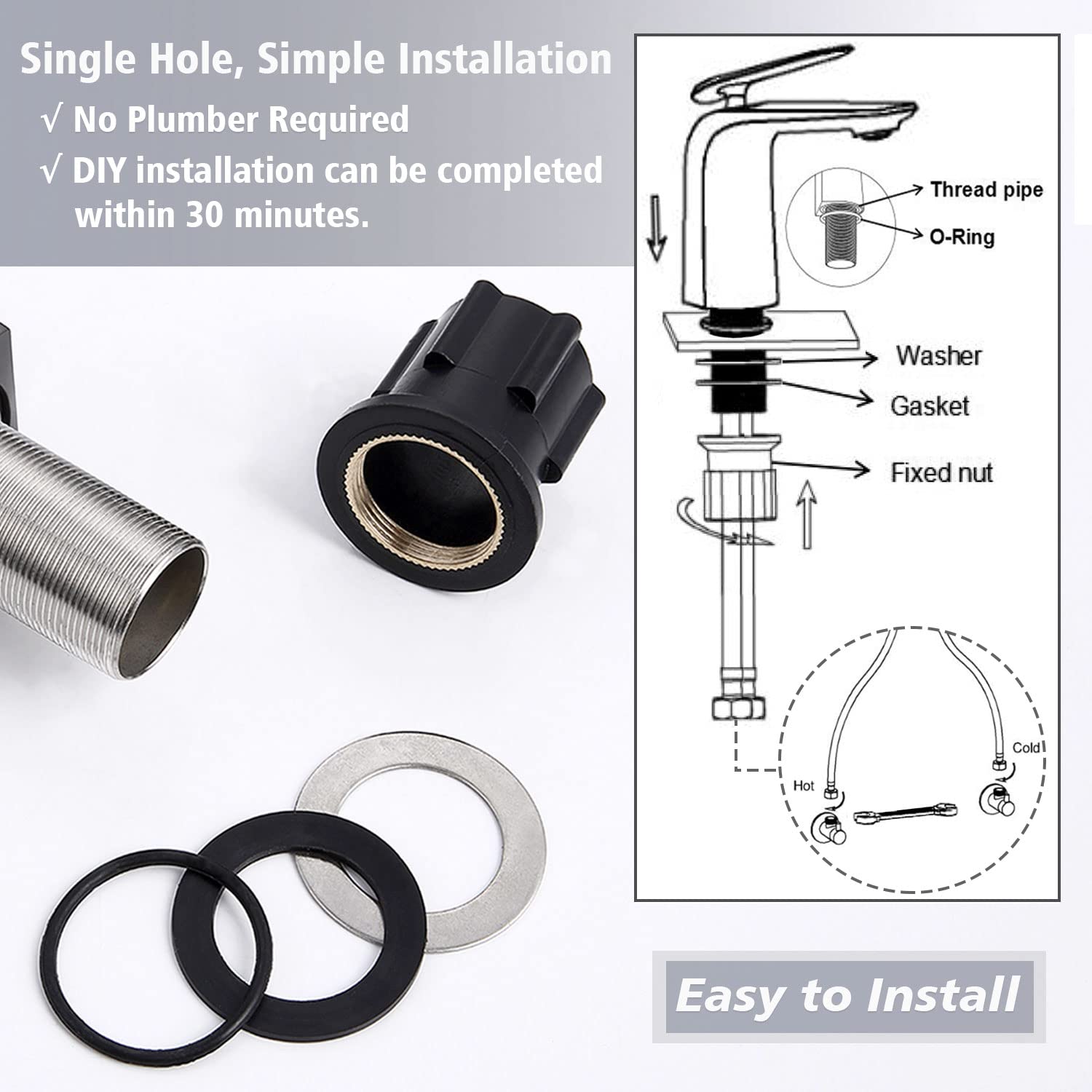 TOCALOCA Rubinetto per lavabo alto Rubinetto da bagno nero e argento, Rubinetto per lavabo in ottone Rubinetto per lavabo nero opaco e cromato Rubinetto per lavabo da bagno, Maniglia singola Rubinetto