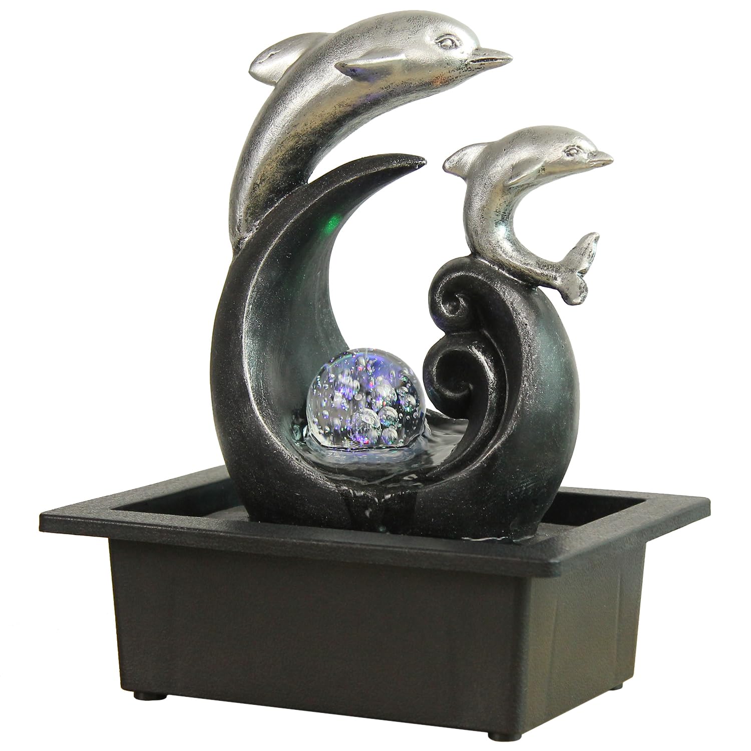 TiCin Tabletop Water Fountain, Spinning Ball Light Fountain with Two Cute Dolphins, for Home Office Decor, Decorated with Colorful Lights and Rolling Ball