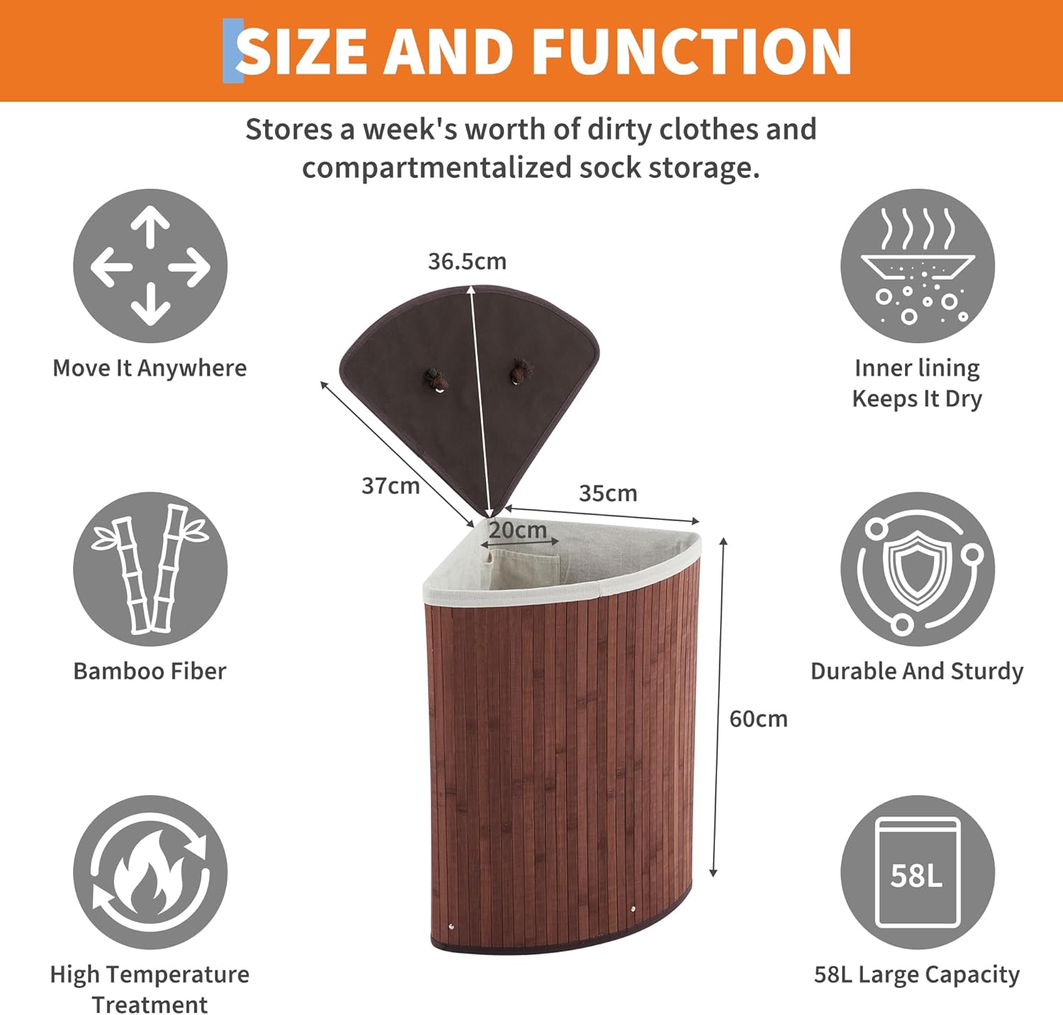 Space-Saving Bamboo Corner Laundry Hamper with Lid – 19 Gallon/73L Collapsible Clothes Basket – Removable Washable Liner – Decorative Wicker Storage for Bedroom, Bathroom, Apartment – Dark Brown