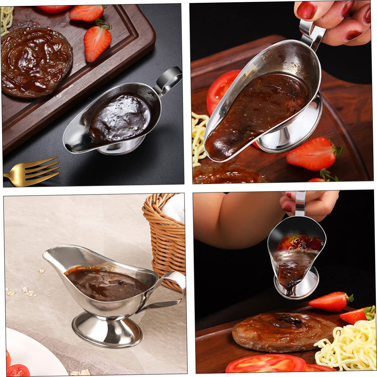 OFFSCH Large Gravy Boat Sauce Set Silver Dressing Boat Warmer Soy Sauce Dish Container