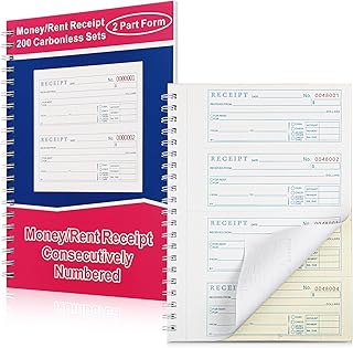 Crtiin Books Money and Rent Receipt Book 2 Part Carbonless Receipt Log Book with Carbonless Copies, Spiral Bound, 200 Sets Per Book, 4 Receipts Per Page, 7.625 x 11 Inch (1 Pcs)