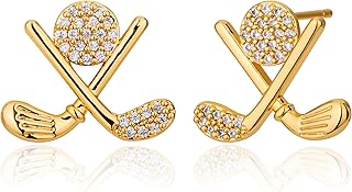 Golf Stud Earrings for Women Silver Gold Gifts Cubic Zirconia Flat Back Hypoallergenic Club Cute Dainty Player Fan Tournament Fashion Unique Accessory Small Birthday Novelty Sports Jewelry