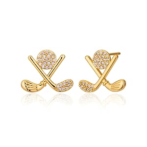 lijiayione Golf Stud Earrings for Women Silver Gold Gifts Cubic Zirconia Flat Back Hypoallergenic Club Cute Dainty Player