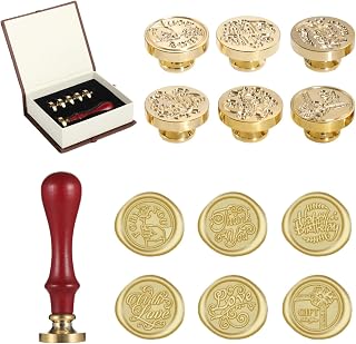 Blessing Wax Seal Stamp Gift Box Set, Vintage 6 Sealing Stamp Heads and 1 Wooden Hilt for Wedding, Party Invitations, Envelops, Christmas Cards and Gift (6PCS-Phrases Series)