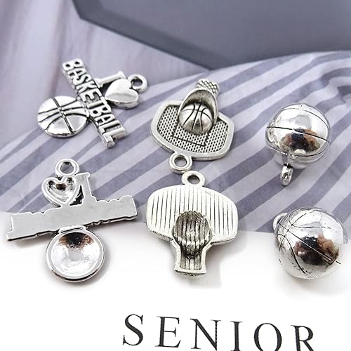 Miniatura 5 de Honbay 60 dijes deportivos de bolas de aleación, colección de colgantes de aro de baloncesto, para bricolaje, aretes, collares, pulseras, joyería,