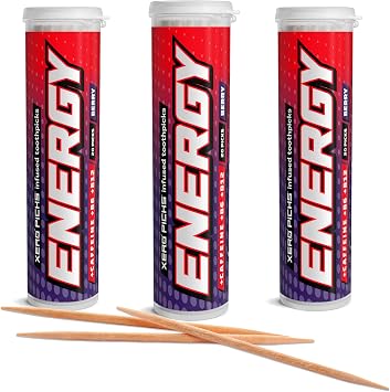 Xero Picks Energy Caffeine Flavored Toothpicks B12 for Focus & B6, 60 Picks Pack of 3 Berry Sugar-Free Alternative to Energy Mints & Gum - Kosher